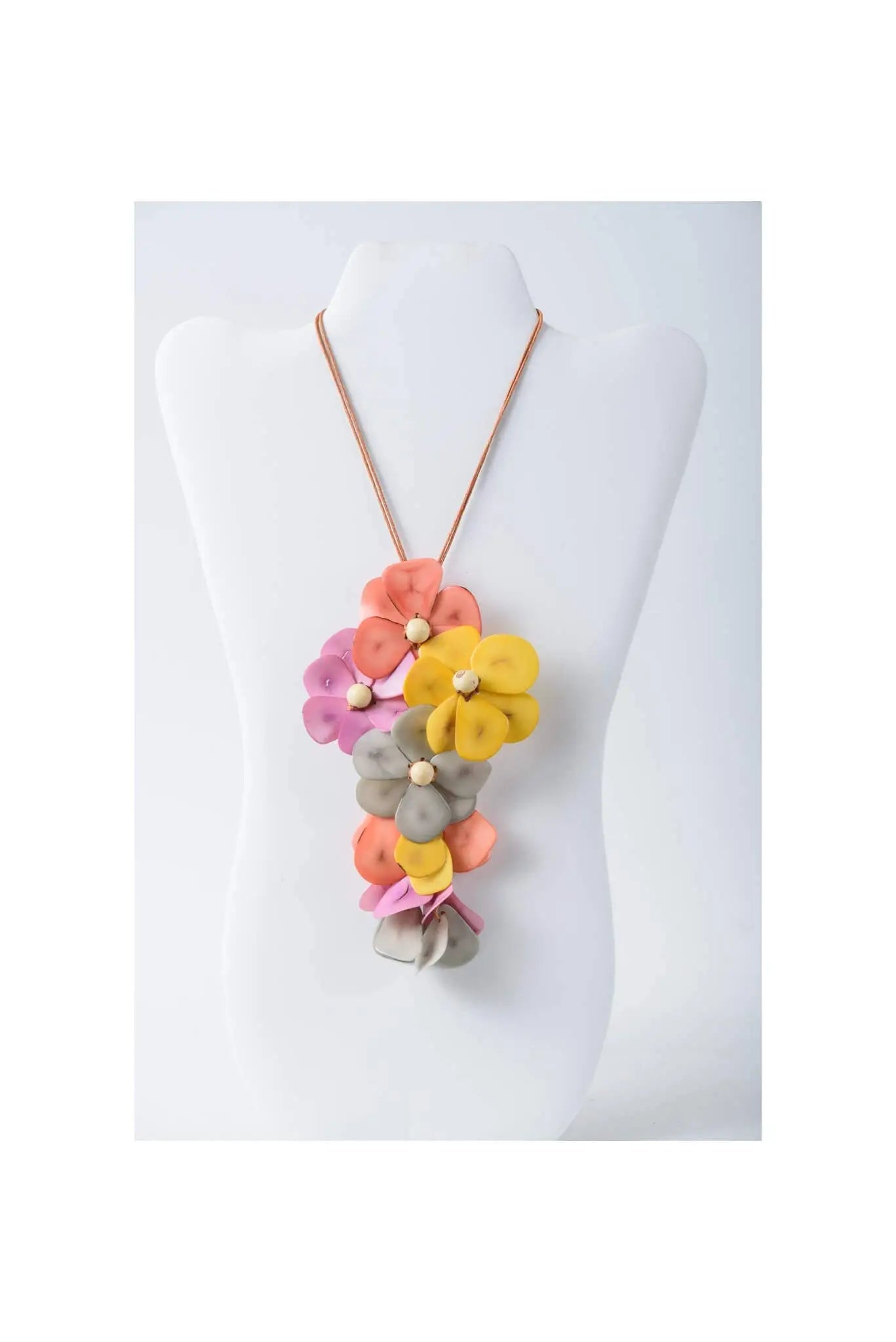 Holly pendant flower tagua necklace with vibrant pink yellow orange and gray fabric blossoms and pearl centers