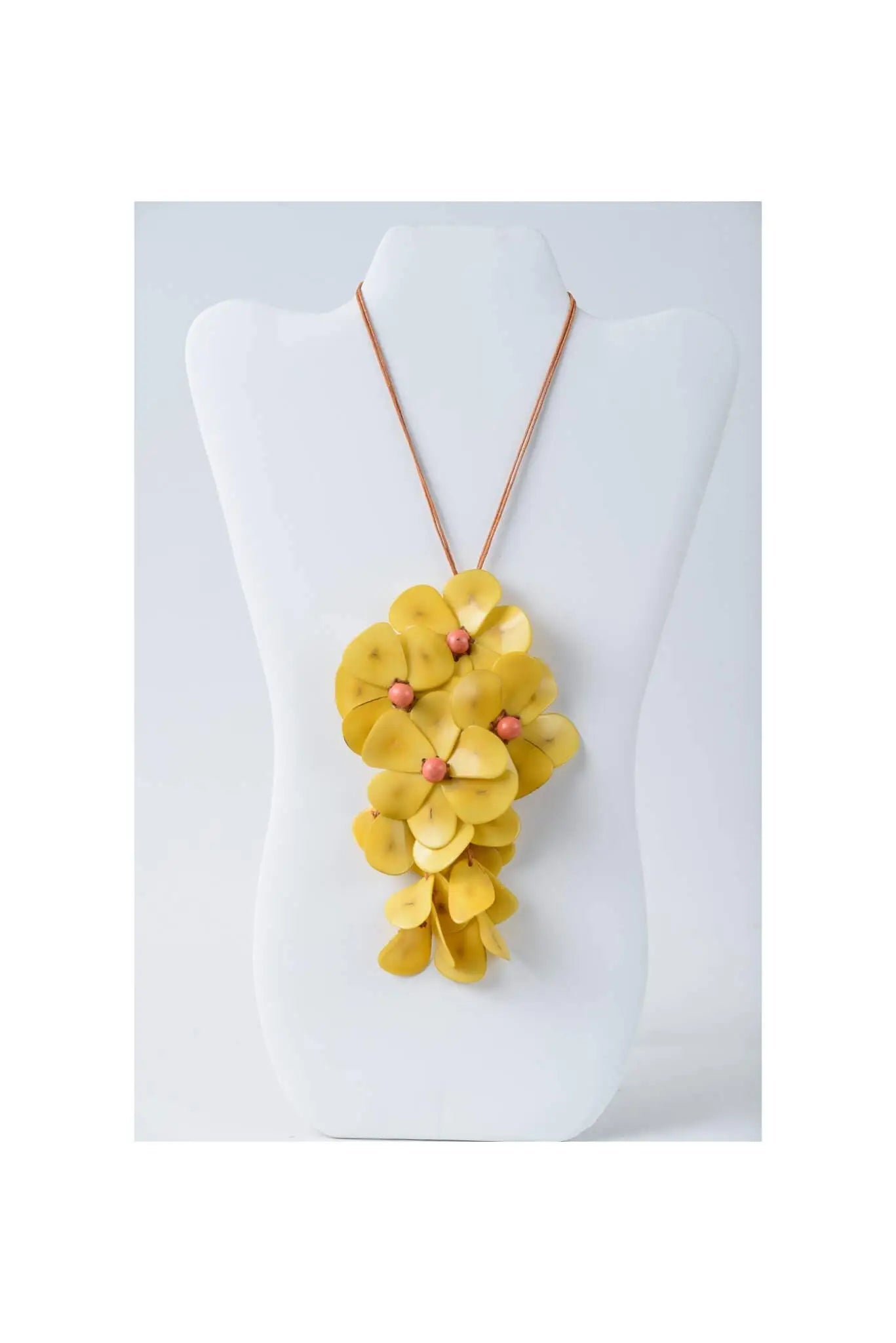 Yellow floral holly pendant flower tagua necklace with copper chain and fuchsia accents