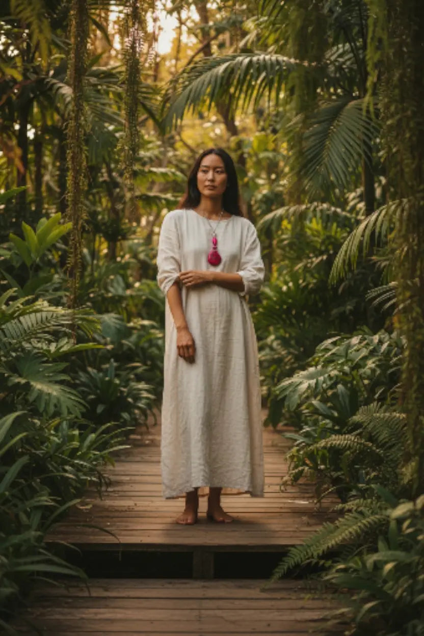 A flowing off-white linen dress paired with a handmade tagua mixed media hot pink pendant necklace vegan from the rainforest