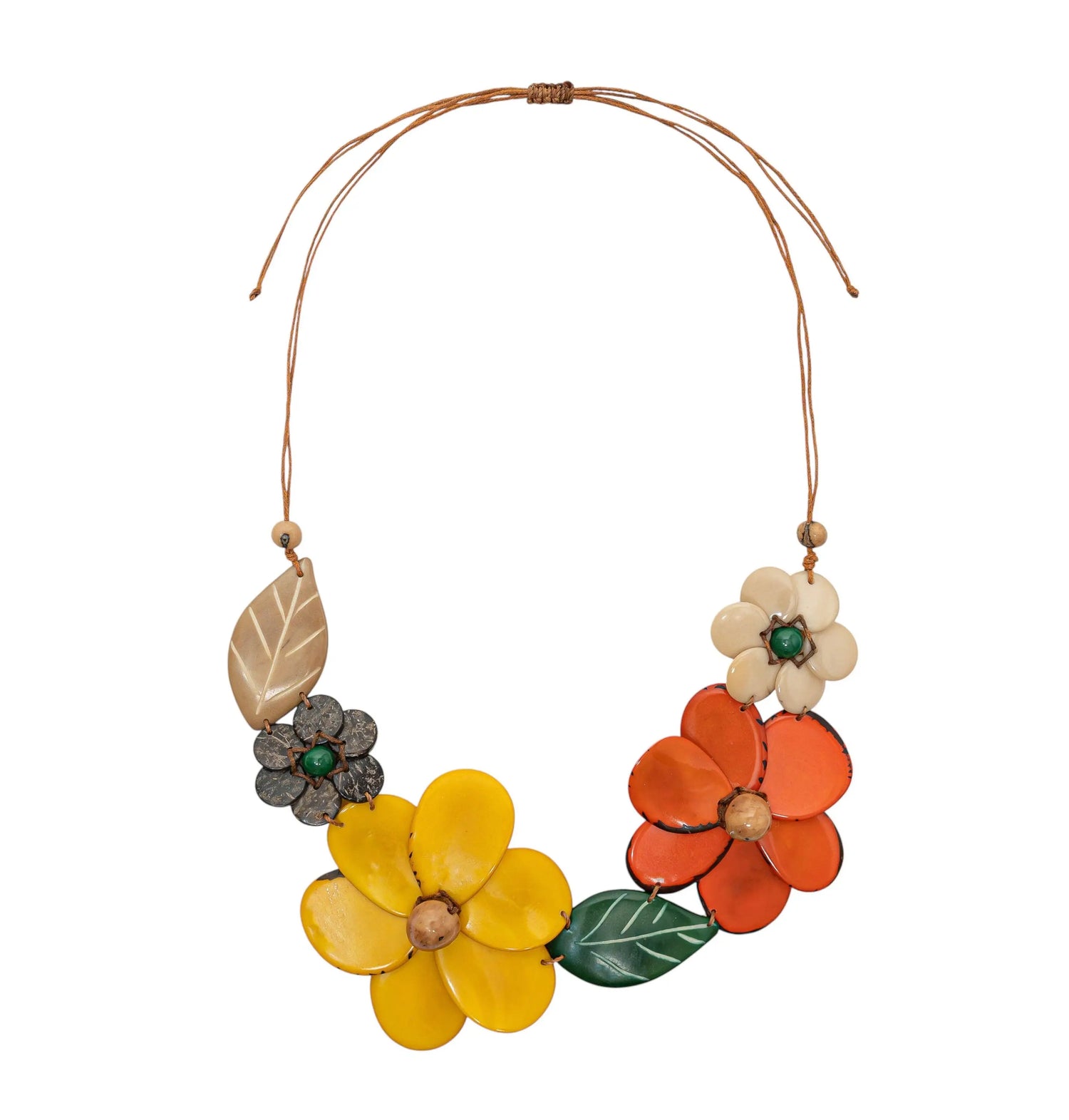 Vibrant enamel ibbie necklace with layered yellow orange cream flowers green leaves and dark gray tagua nut blooms