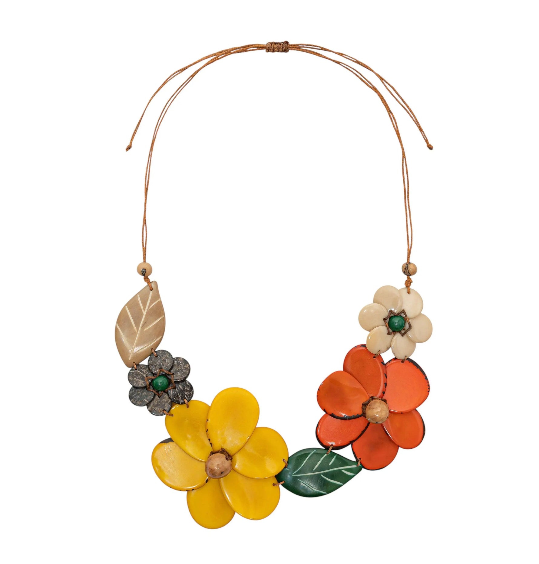 Vibrant enamel ibbie necklace with layered yellow orange cream flowers green leaves and dark gray tagua nut blooms