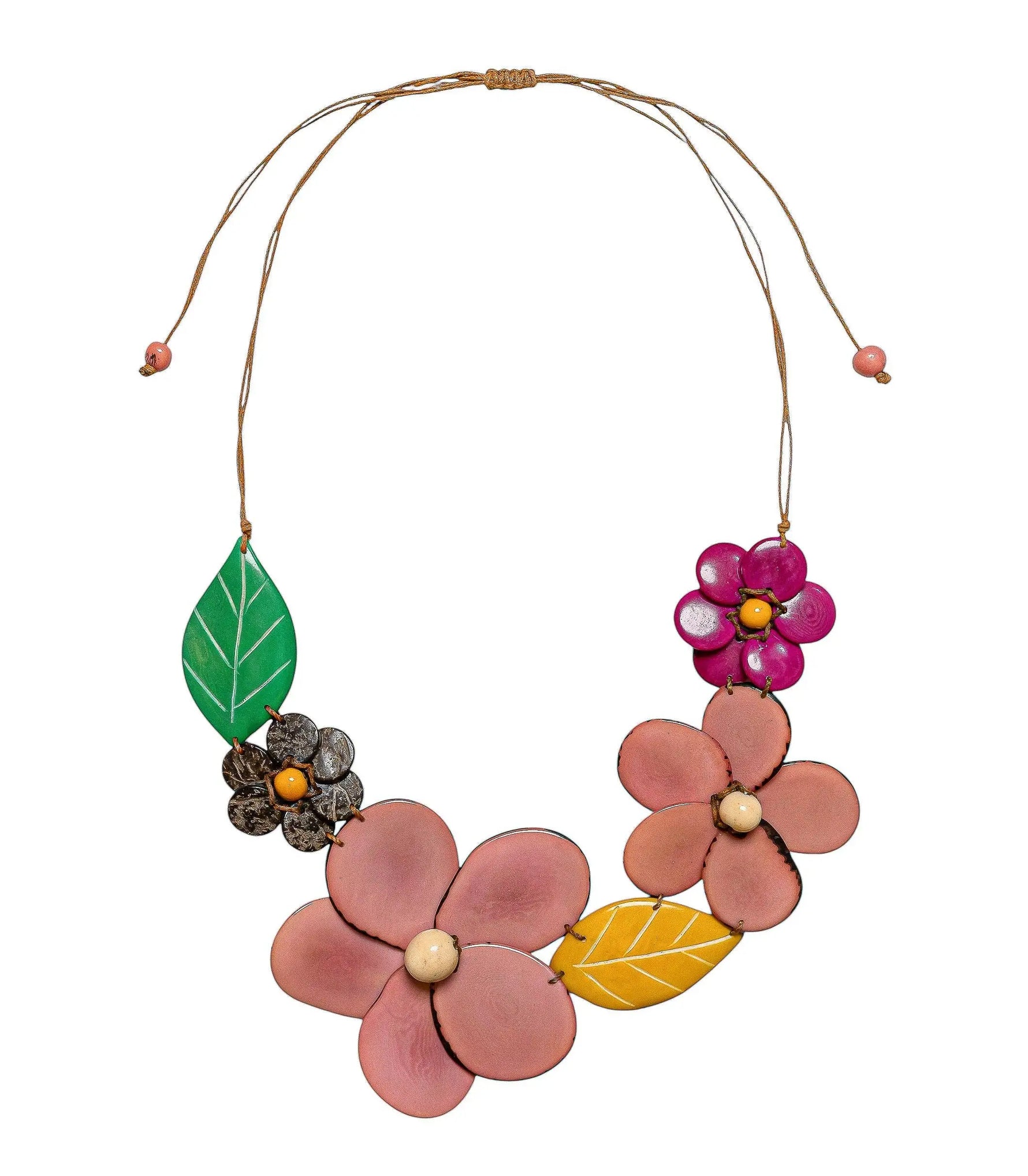 Ibbie necklace featuring colorful handcrafted painted wooden flower and leaf pendants with natural tagua nut centers