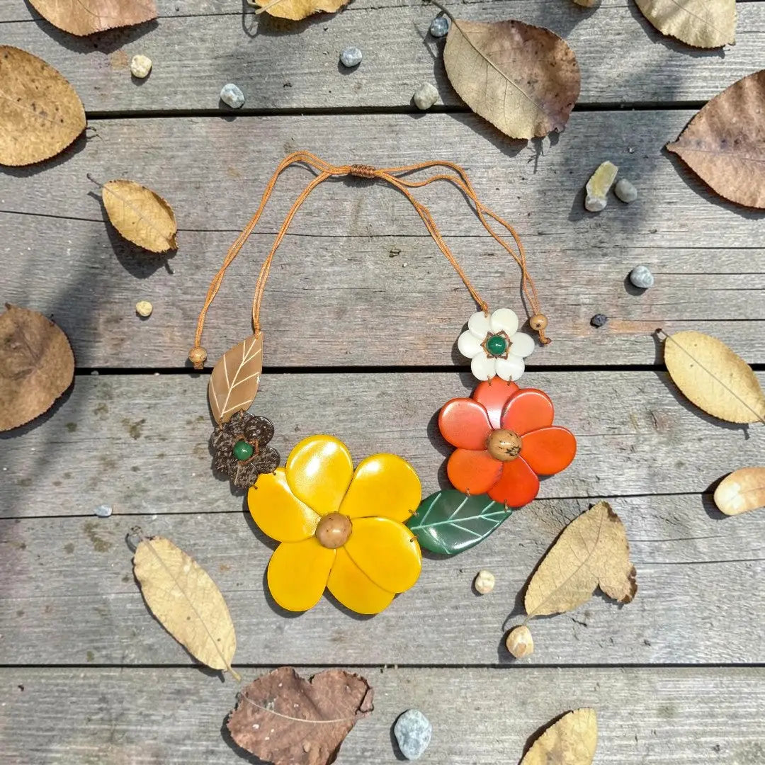 Stunning Flower and Leaf Design Adjustable Necklace Made from Tagua Nuts! Ibbie Necklace