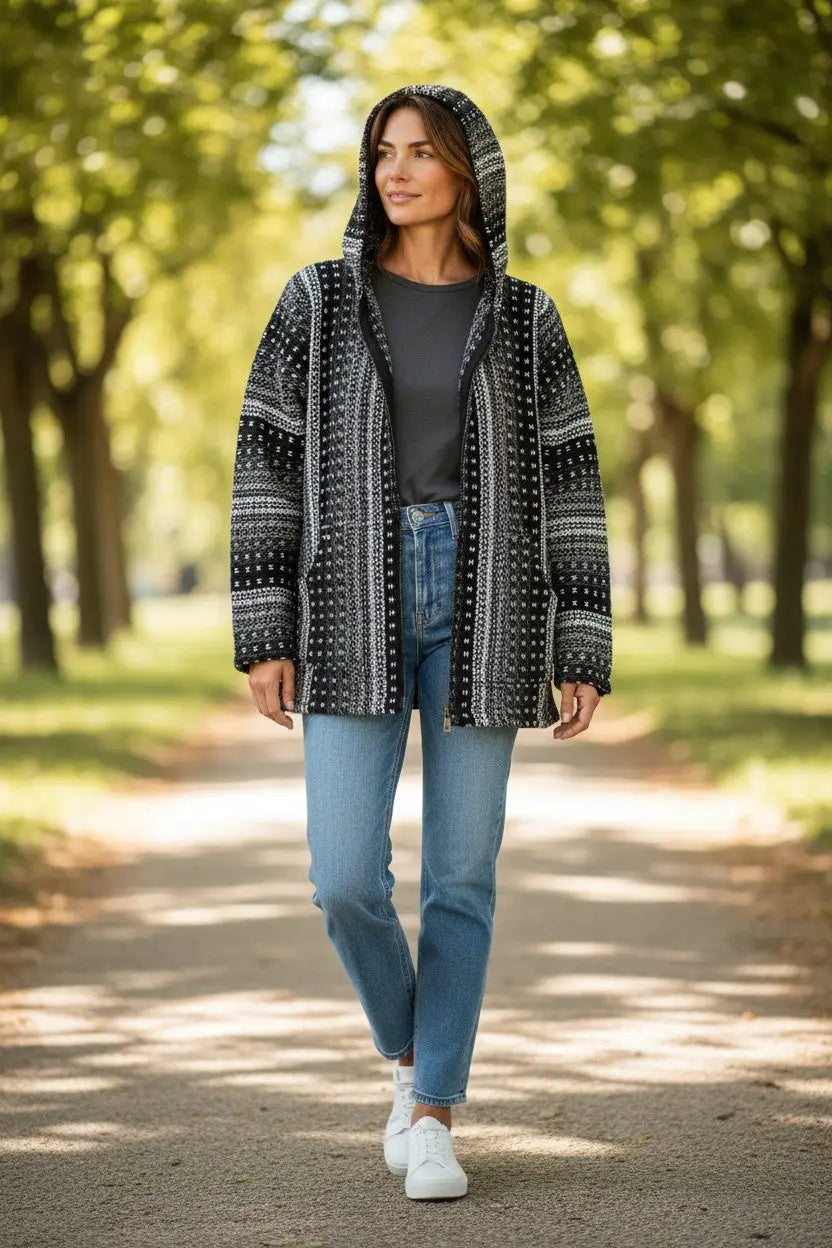 Black and white patterned knit hoodie cardigan in ink black charcoal made from 100 percent otavalo wool