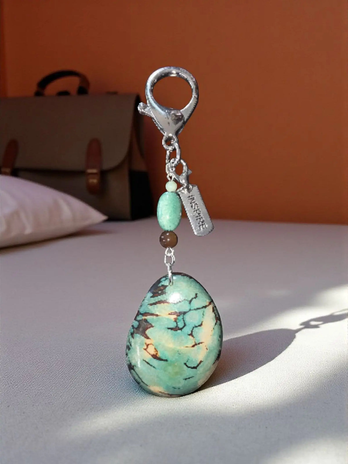 Turquoise and brown marbled stone pendant keychain with silver clasp green and dark brown beads and engraved metal tag
