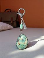 Turquoise and brown marbled stone pendant keychain with silver clasp green and dark brown beads and engraved metal tag