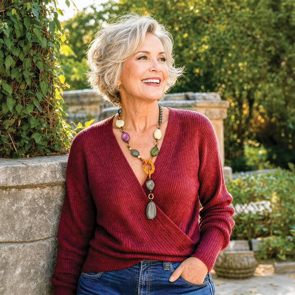 A woman wears a rich burgundy ribbed knit sweater with long sleeves and a jacinta necklace featuring tagua nut beads