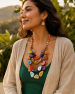Jess multi-stranded organic tagua necklace and earrings with vibrant irregular beads in actual colors pink yellow blue purple orange