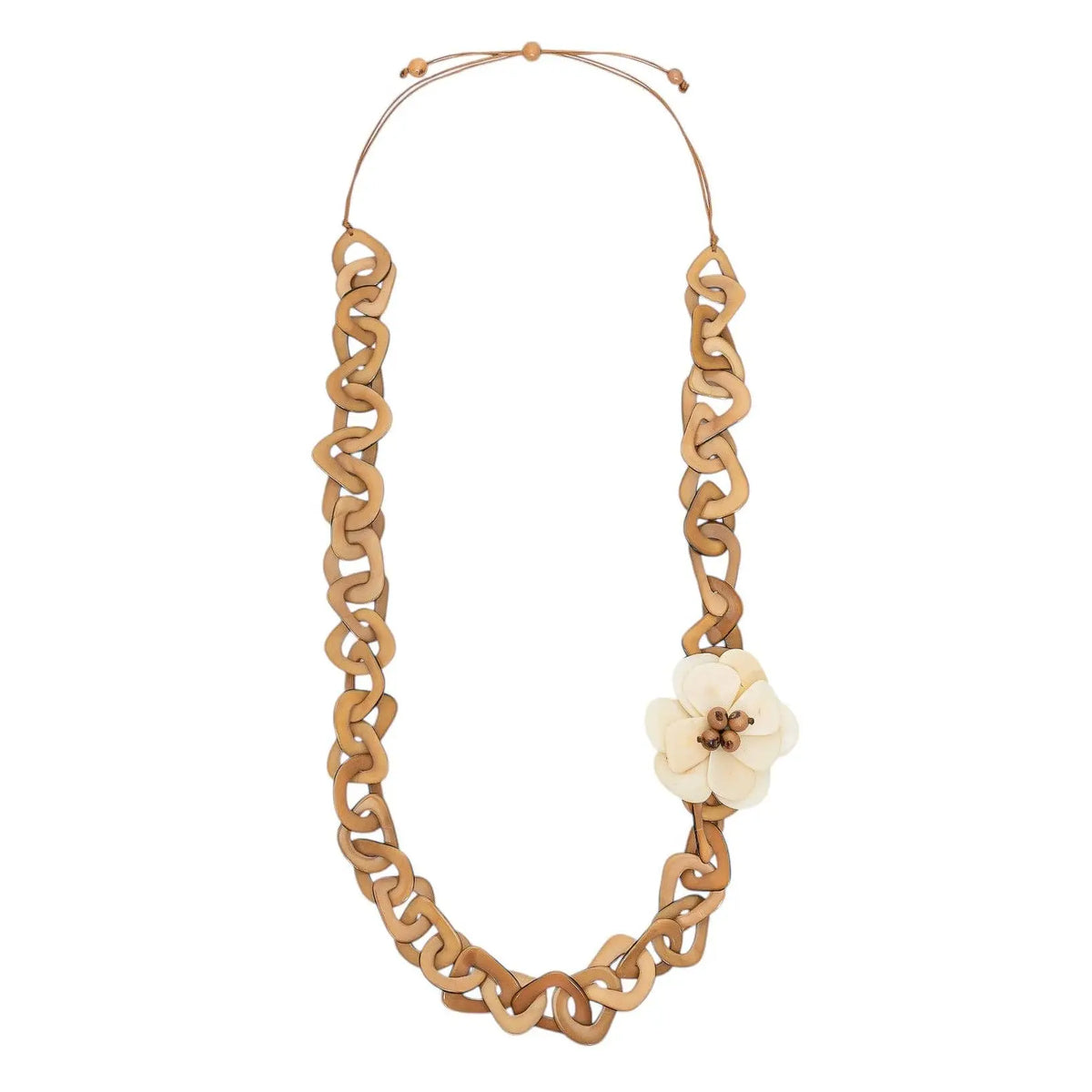 Tan leather chain joss necklace with cream-colored tagua nut floral pendant perfect for everyday wear