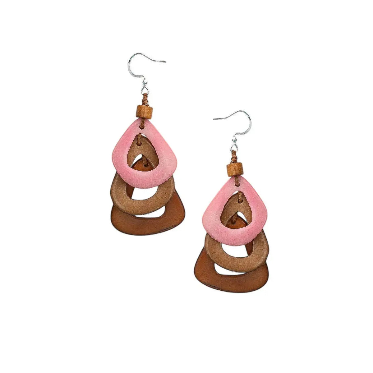 Pink and brown layered teardrop katniss earrings with wooden tagua nut beads for stylish everyday wear