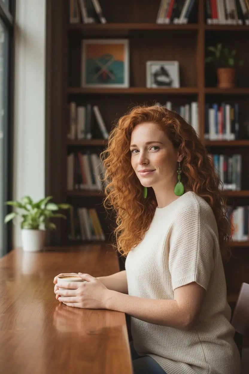 A woman with curly red hair wearing cream knitted sweater and kelly green swirly grain tagua earrings with heart accents