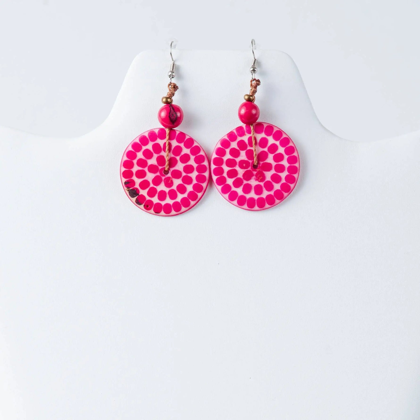 Vibrant fuchsia lana eco-chic engraved tagua earrings with polka-dot pattern metallic hooks and beads