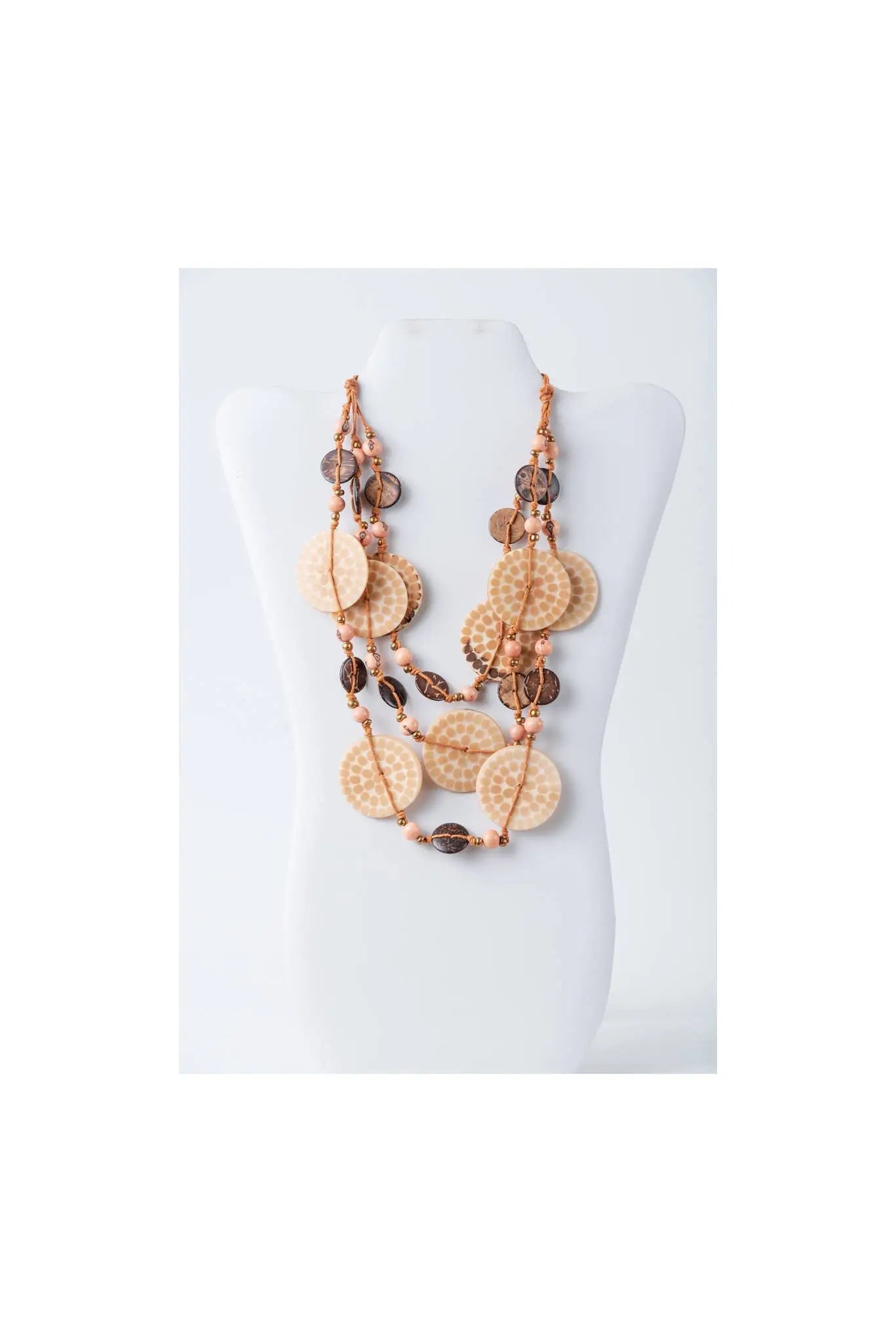 Lana eco-chic layered necklace with engraved tagua and coconut discs in beige and copper tones with small beads