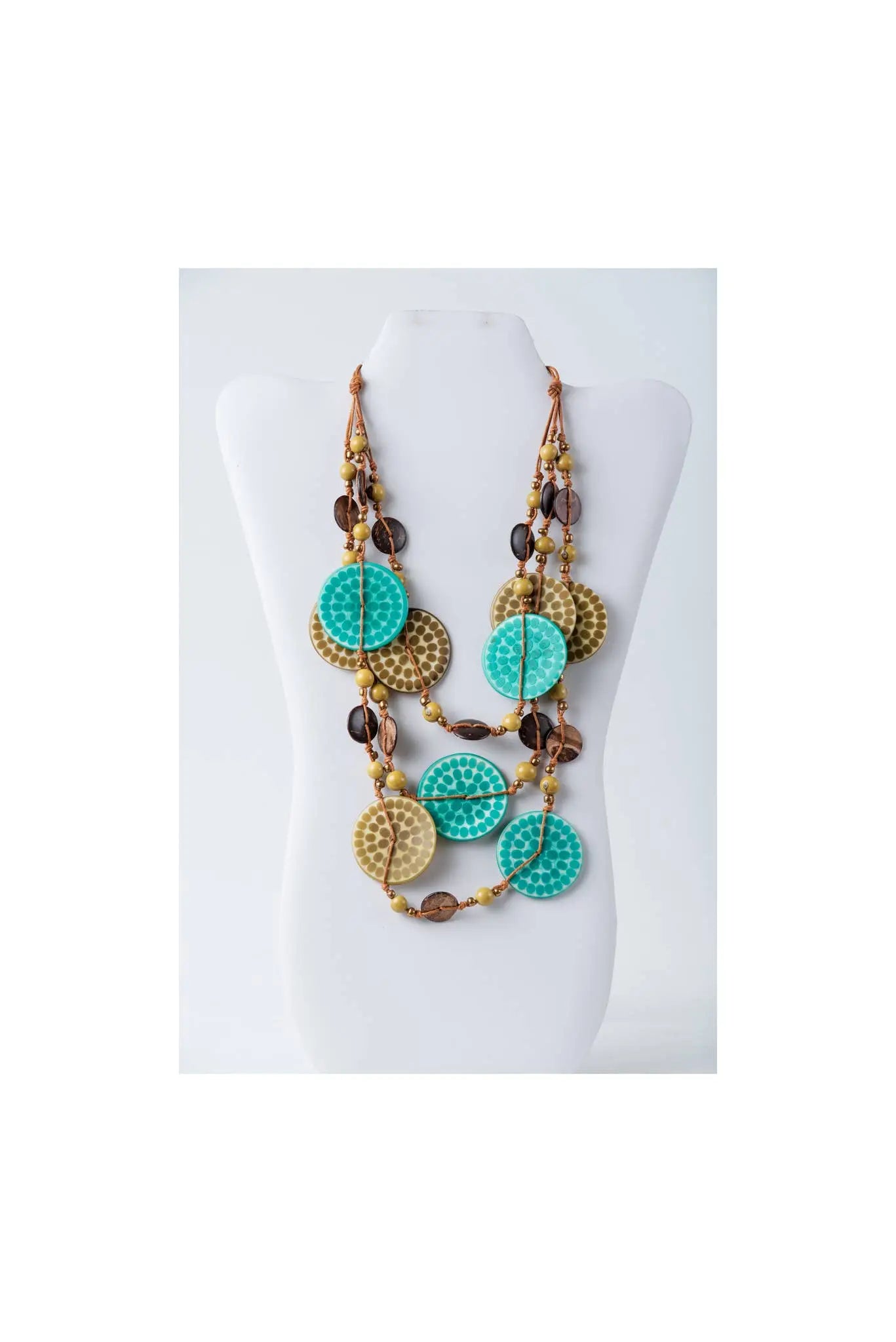 Lana eco-chic layered necklace with engraved tagua beads turquoise and gold-toned circular beads and brown accents