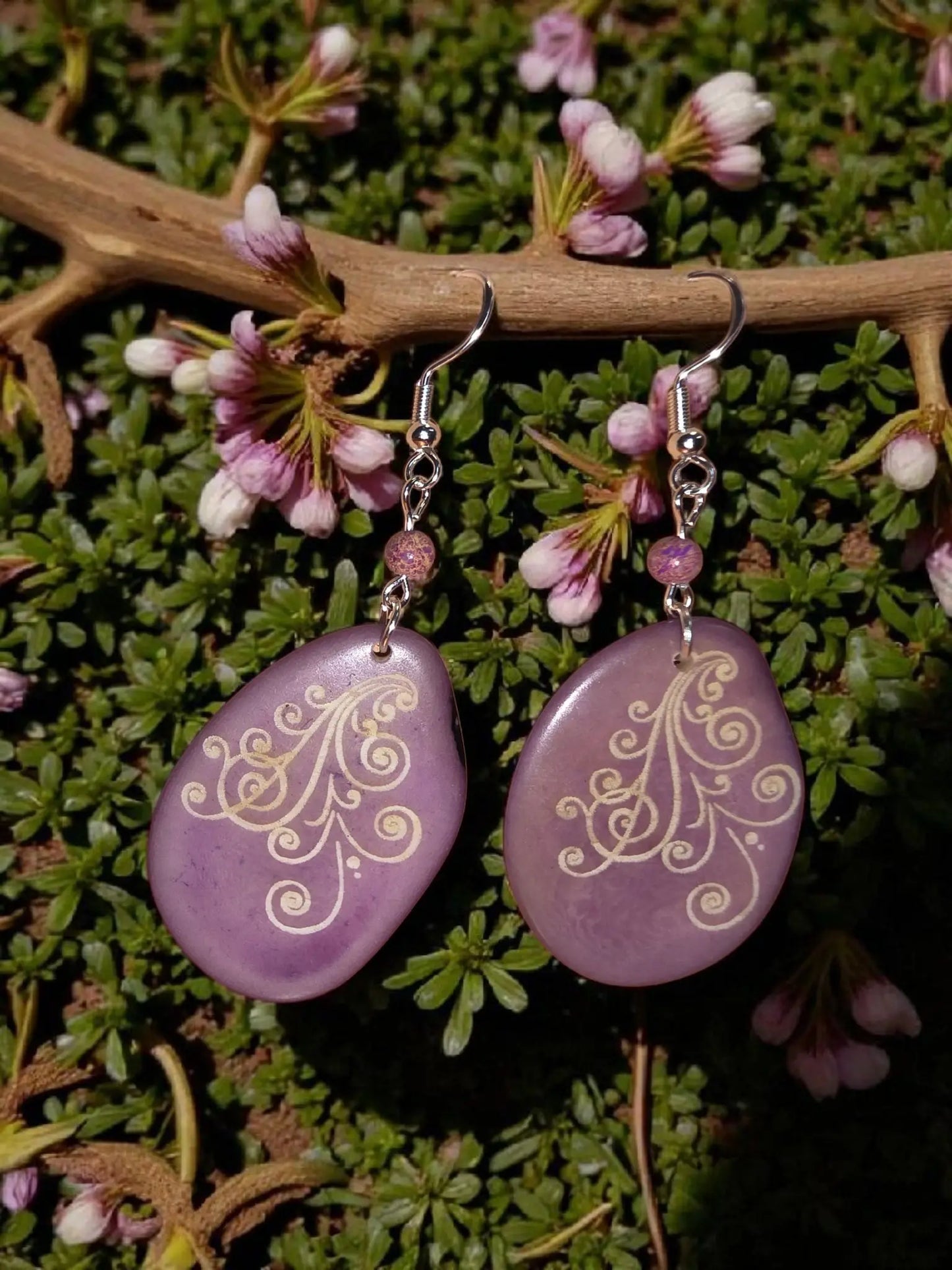Lavender engraved swirls purple oval earrings with gold filigree designs silver hooks and pink bead accents
