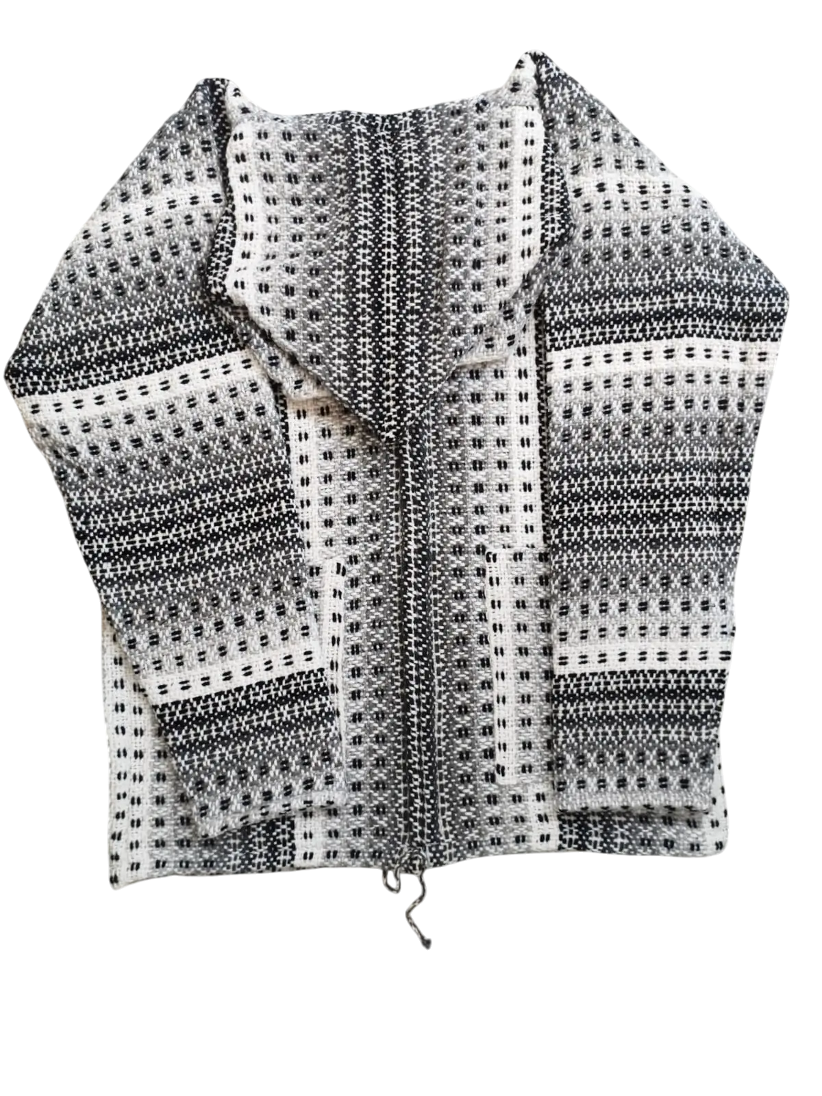 Light gray cream andean sheep’s wool hoodie cardigan with black and white knit geometric pattern and zip front pockets