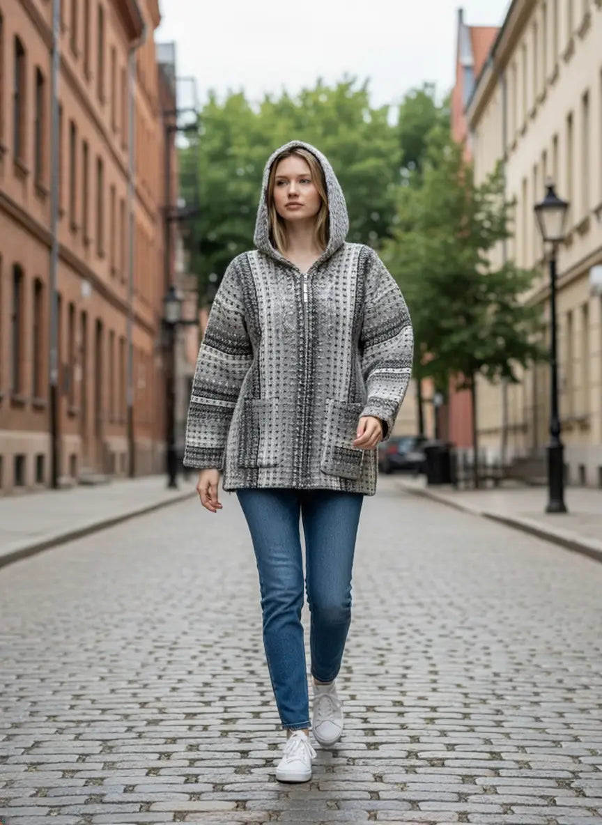 Light gray cream patterned knit hoodie cardigan made from 100 percent andean sheep’s wool with zipper front and pockets