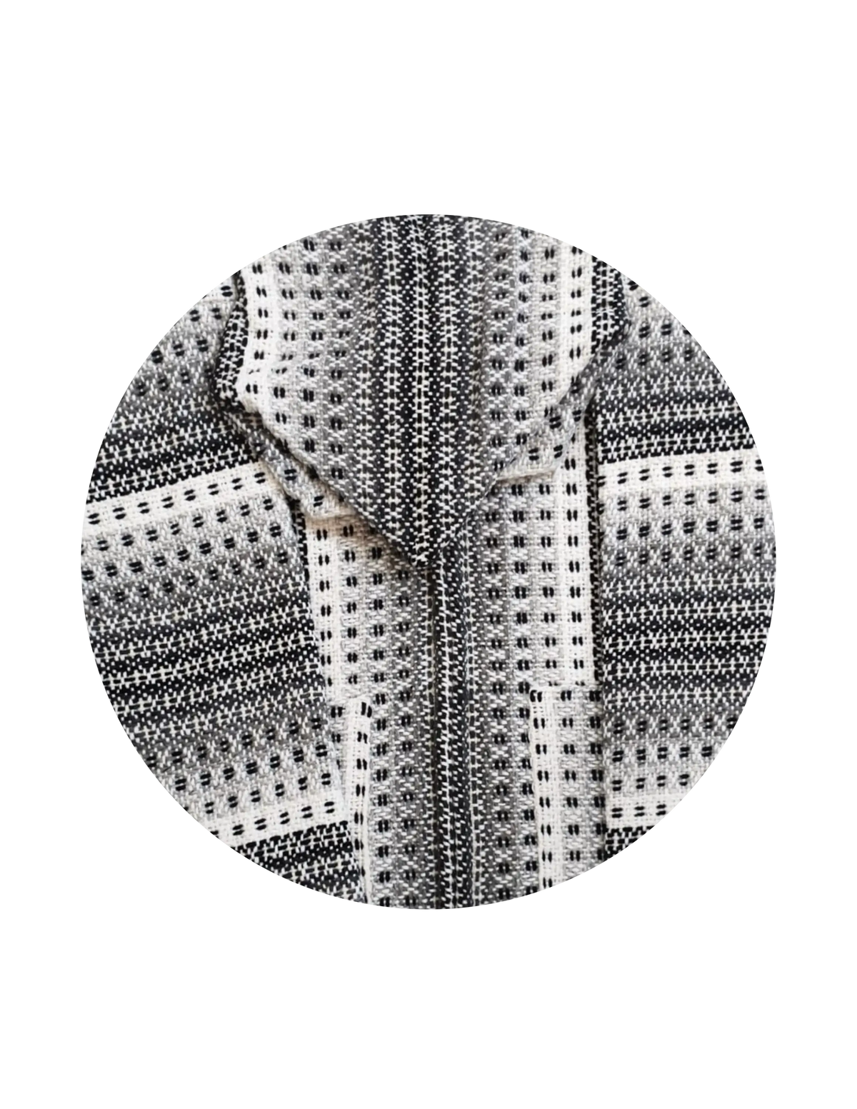 Light gray cream andean sheep’s wool knit hoodie cardigan with geometric black and white pattern and zip front pockets