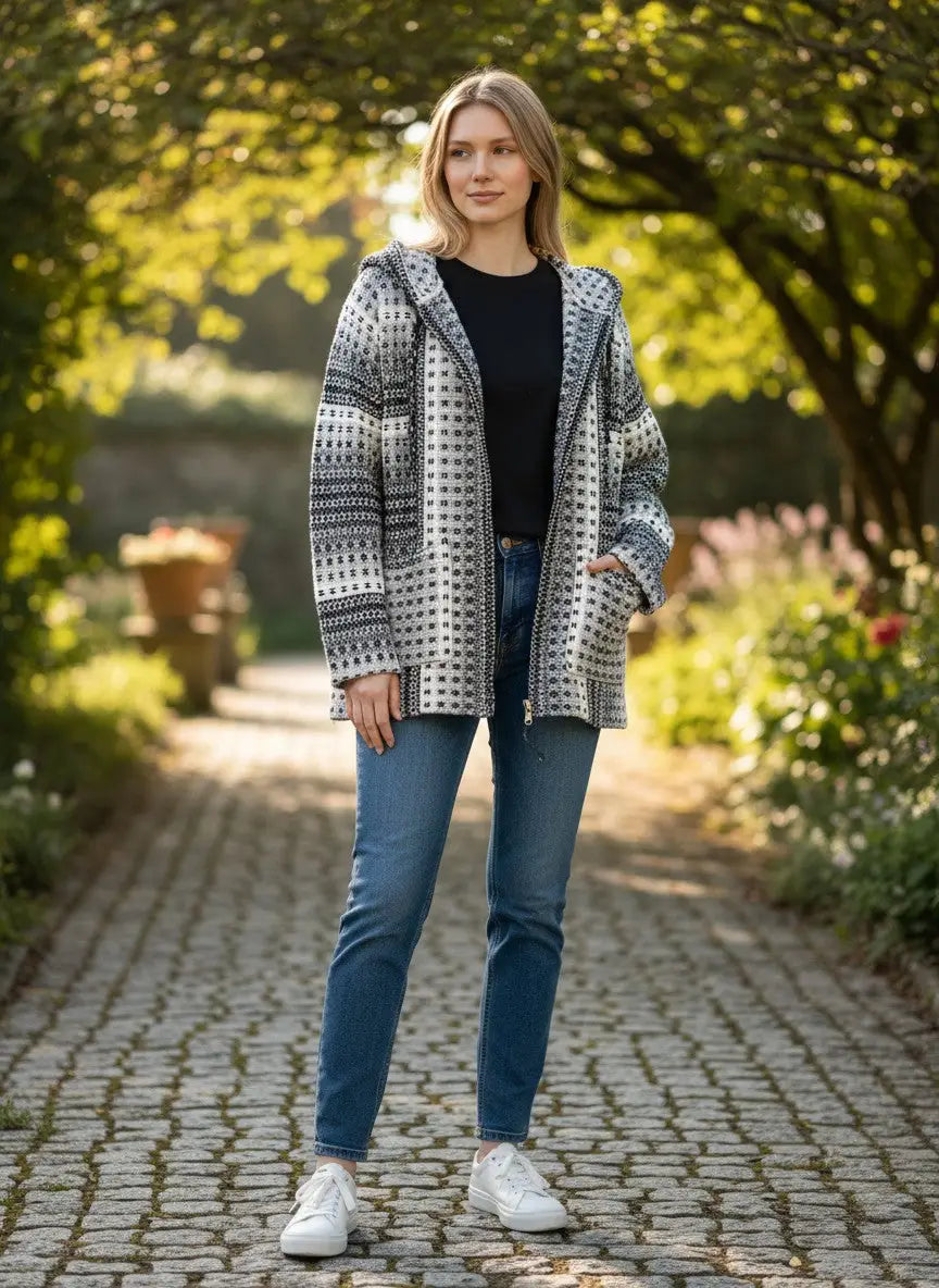 A woman wears a light gray cream gray cream charcoal hand-knitted Andean sheep’s wool hoodie cardigan with zip pockets