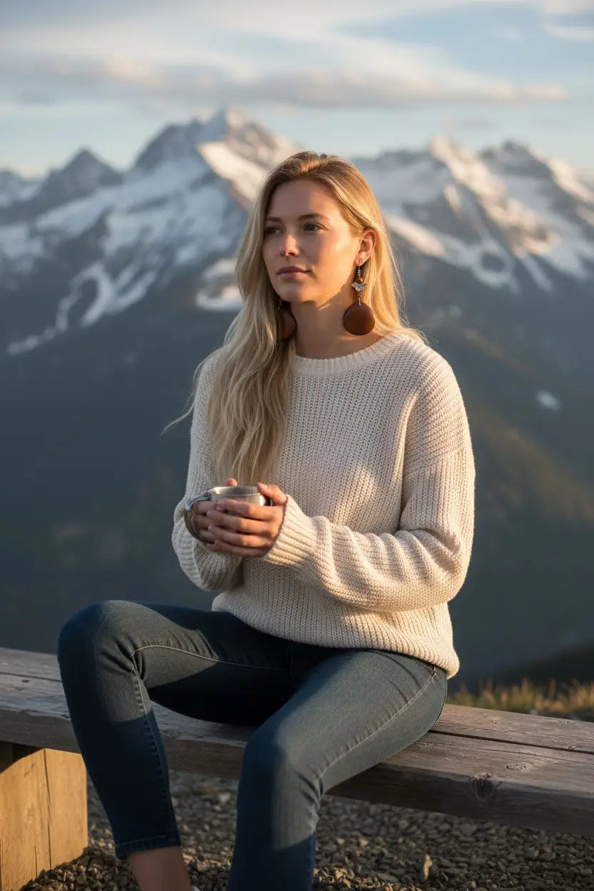 A woman wearing a cream-colored textured knit sweater with lightweight chocolate mocha tagua slice swirl bird earrings