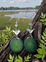 Silver bird and green stone dangle earrings with forest green tagua and pretty swirl bird heart charm