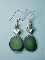 Lightweight forest green tagua slice earrings featuring silver pretty swirl bird charms with green agate and heart accents