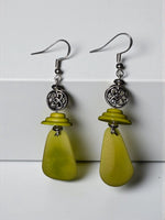 Vibrant lime green fan tagua handmade lightweight earrings with silver filigree accents and hook closures