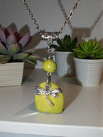 Yellow dragonfly lime green tagua pendant necklace with silver-toned chain handmade lightweight jewelry