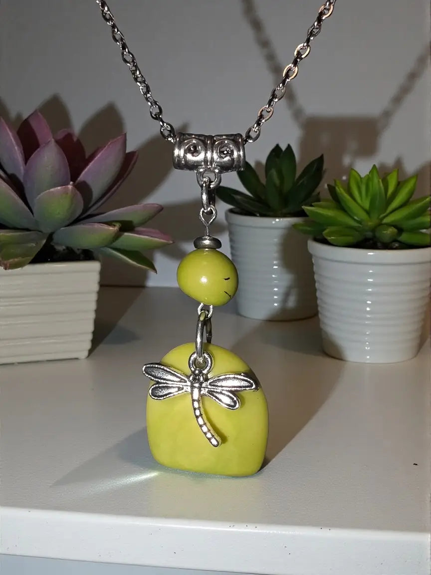 Yellow dragonfly lime green tagua pendant necklace with silver-toned chain handmade lightweight jewelry