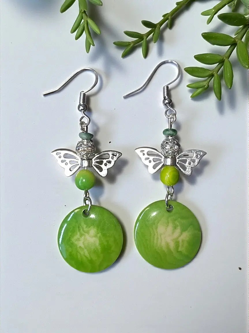 Lime green misty collection eco-friendly butterfly earrings with silver-toned wings and marbled disc pendants