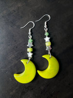 Lime green moon carved tagua nut earrings in yellow with silver star beads and green accents from the rainforest