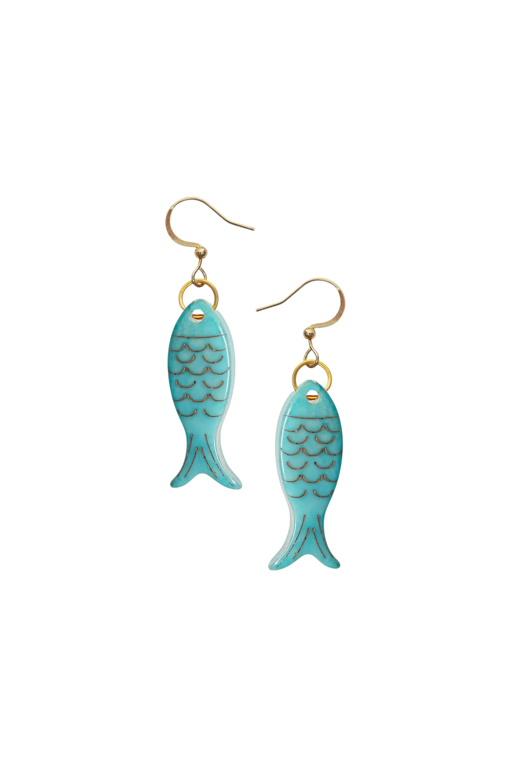Turquoise fish-shaped little fishes katie earrings with gold-toned hooks and detailed scales made from tagua nut