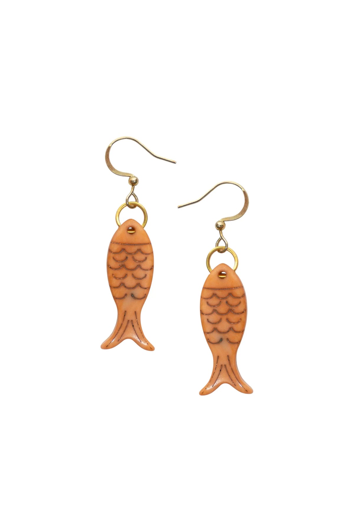 Orange fish-shaped little fishes katie earrings with detailed scale patterns and gold-tone hooks made from tagua nut