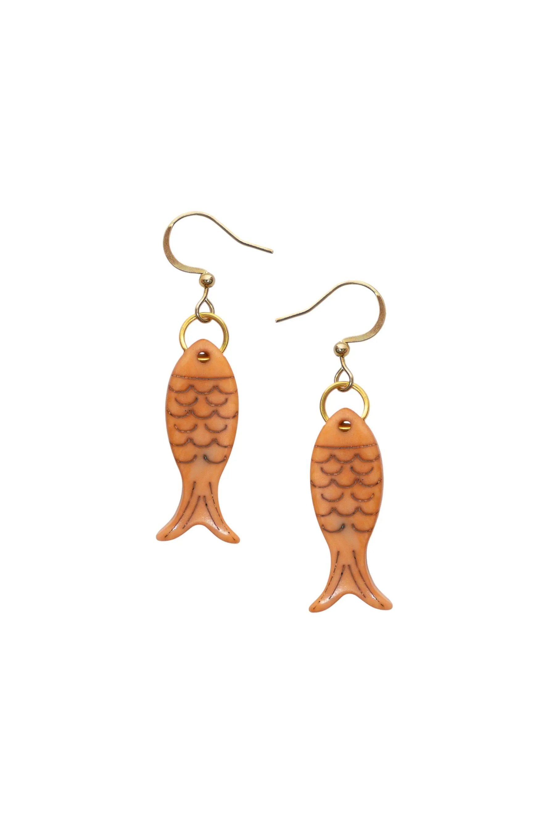 Orange fish-shaped little fishes katie earrings with detailed scale patterns and gold-tone hooks made from tagua nut