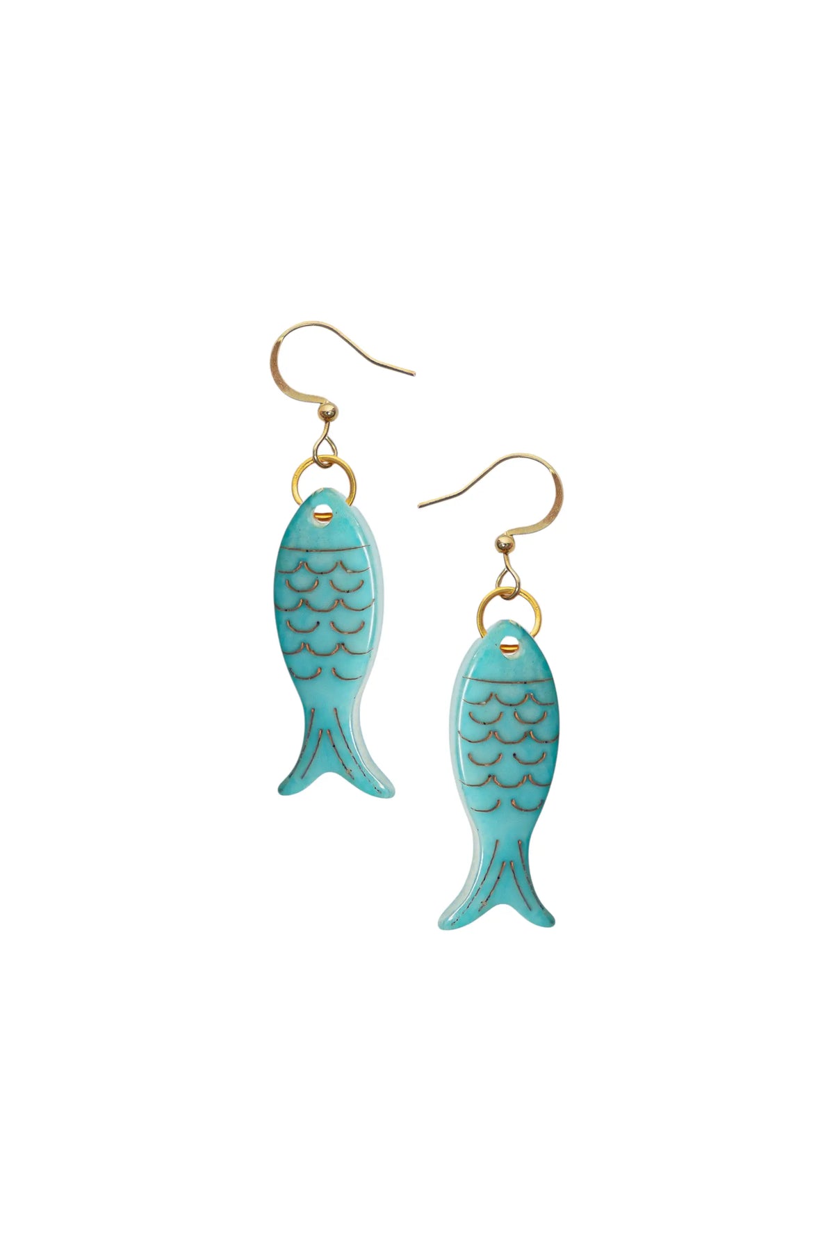 Turquoise fish-shaped katie earrings with gold-toned hooks and detailed scales made from tagua nut