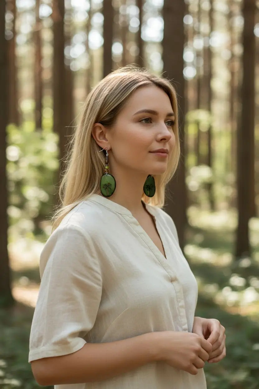 Green oval-shaped little forest tree laser cutouts tagua slice earrings with subtle tree design on silver-toned hooks