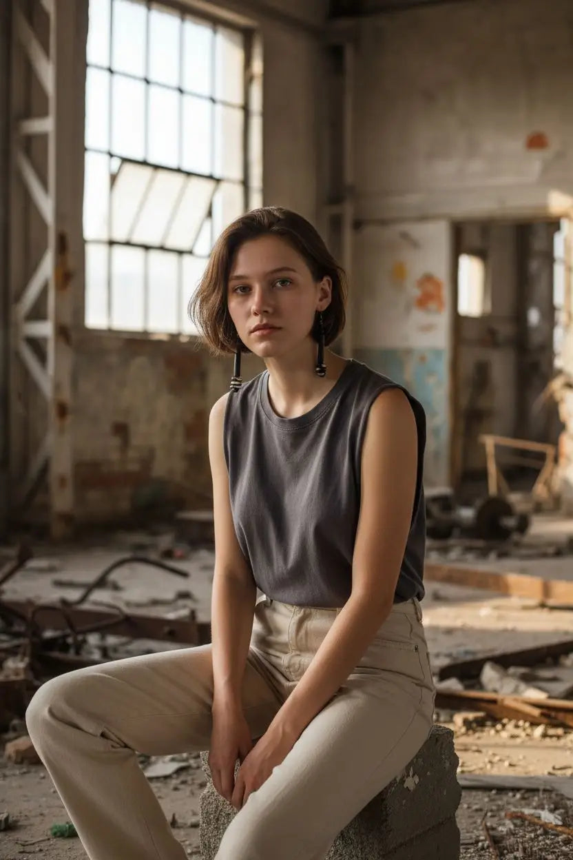 A woman wearing dark gray top and beige pants sits in an industrial space wearing long black tagua big bead tube earrings with wood bead accents