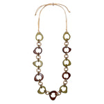 Madeline necklace with colorful asymmetrical interlocking beads in olive green burgundy cream and antique brass links