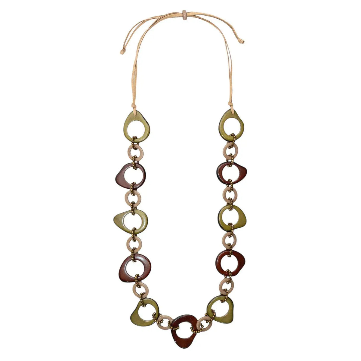 Madeline necklace with colorful asymmetrical interlocking beads in olive green burgundy cream and antique brass links