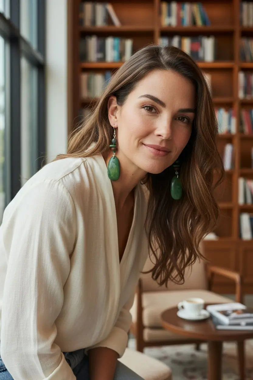 Magnificent galaxy green natural grain tagua earrings featuring green jade drop design for elegant wear