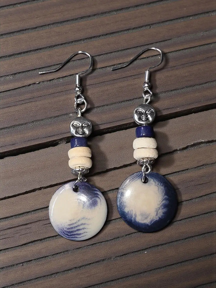 Blue and white ceramic moon-shaped earrings with silver face beads from turquoise misty collection handmade eco-friendly