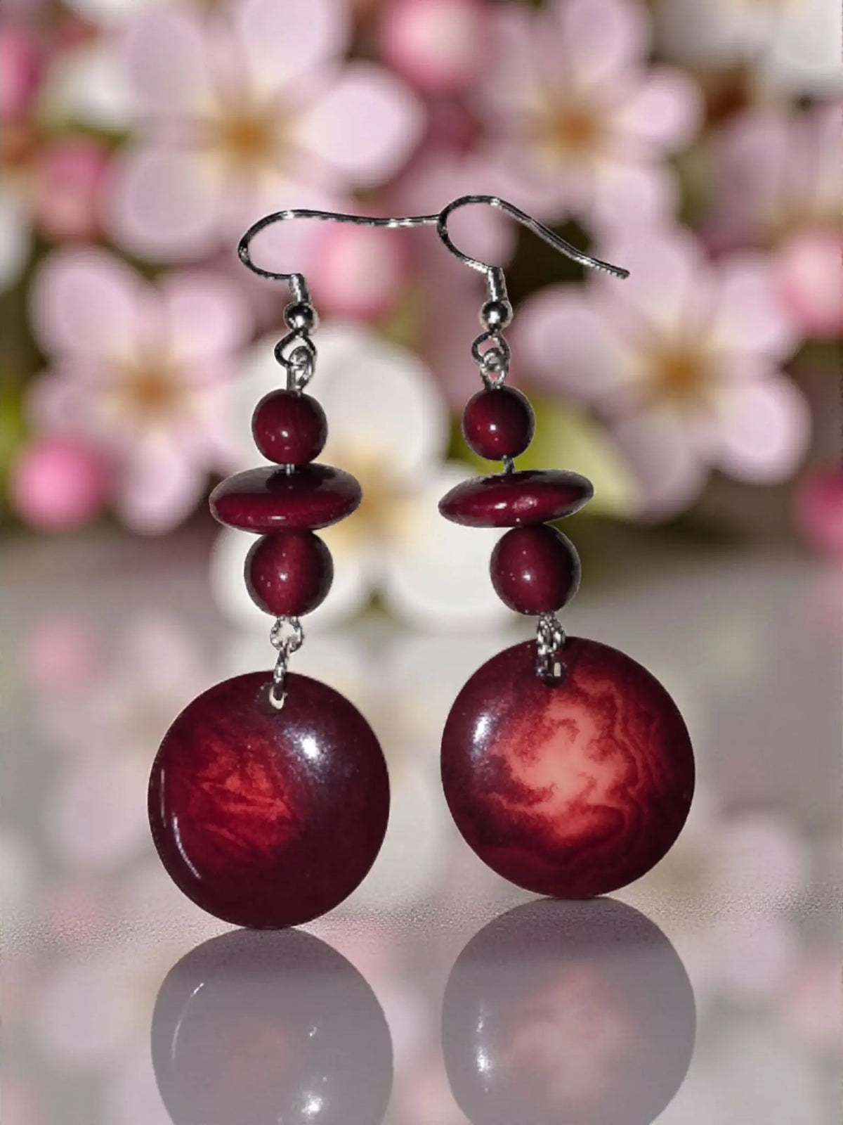 Deep red marbled wooden disc earrings with silver hooks and beads from misty collection eco friendly handmade usa