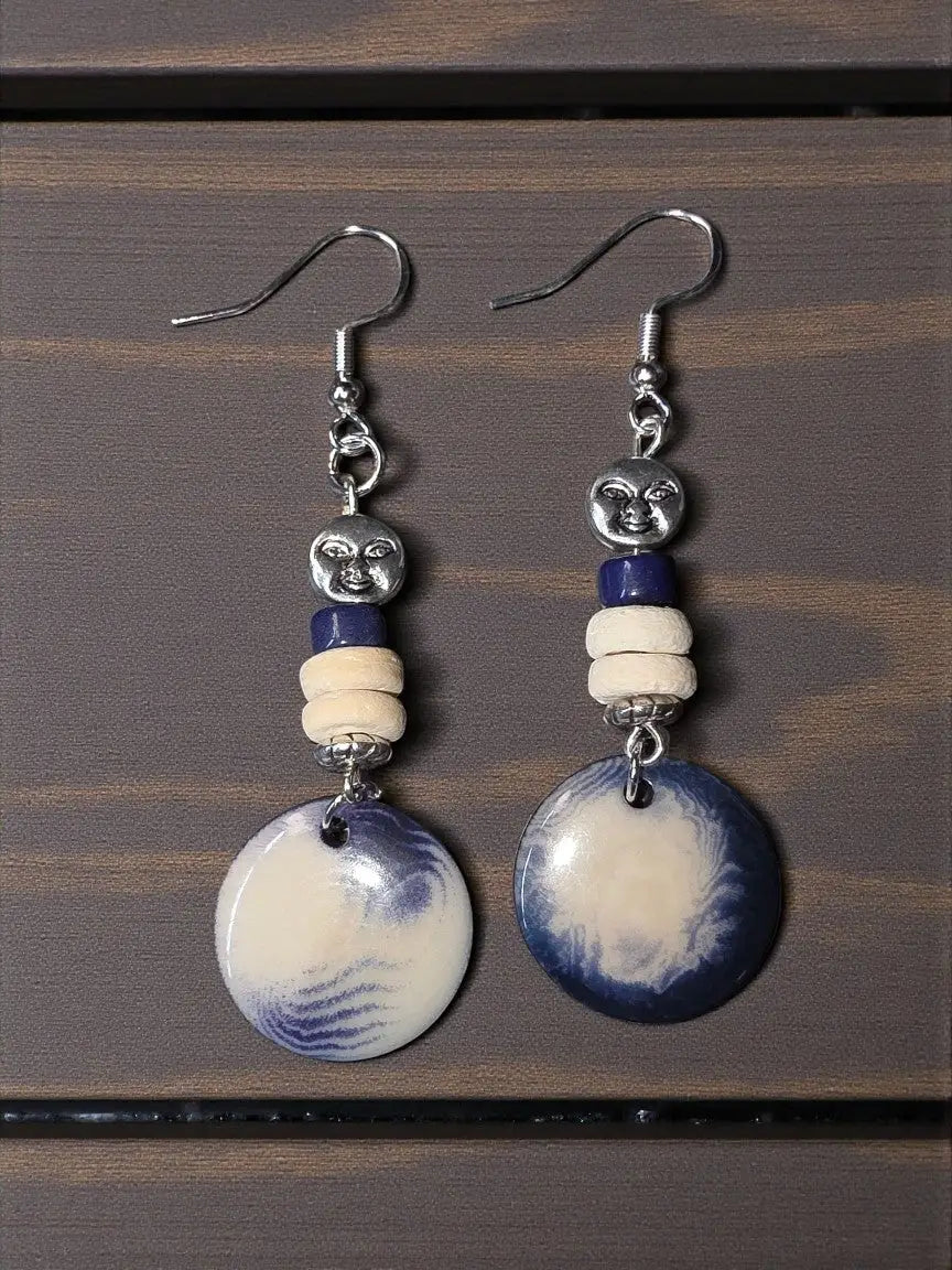 Blue and white ceramic disc earrings with silver moon face charms from many colors turquoise misty collection eco-friendly