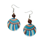 Mauren earrings circular hand-painted wooden earrings with blue orange white stripes and a brown tagua nut bead