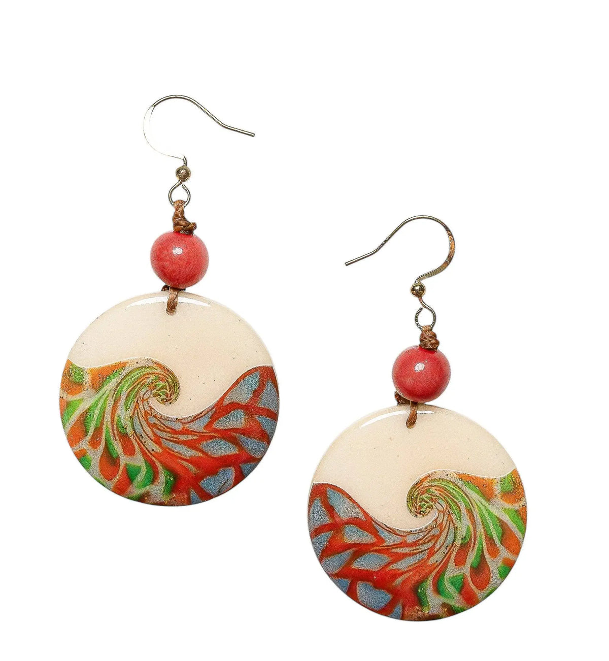 Mauren earrings with vibrant circular resin waves in orange green and blue accented with coral beads and tagua nut details