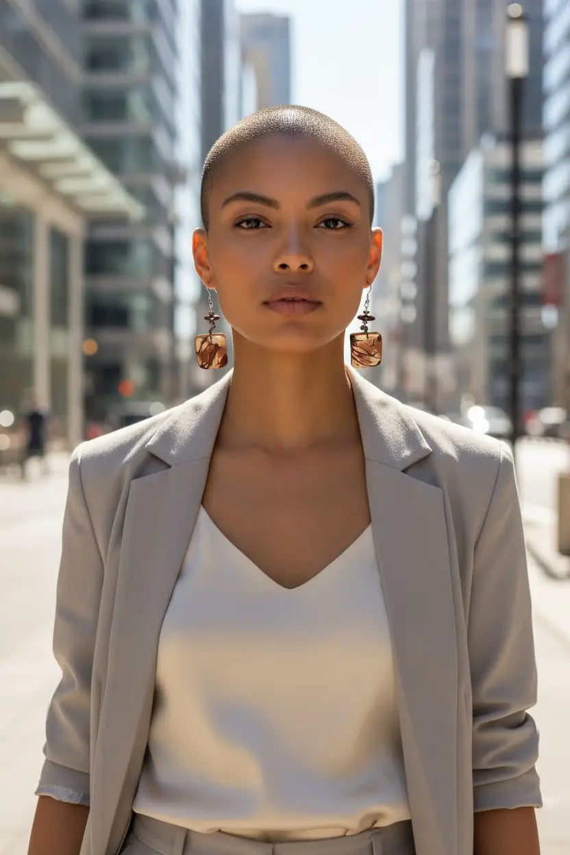 The woman wears mauve-y mocha square raw edge marble polished tagua earrings with amber-colored glass and silver hooks