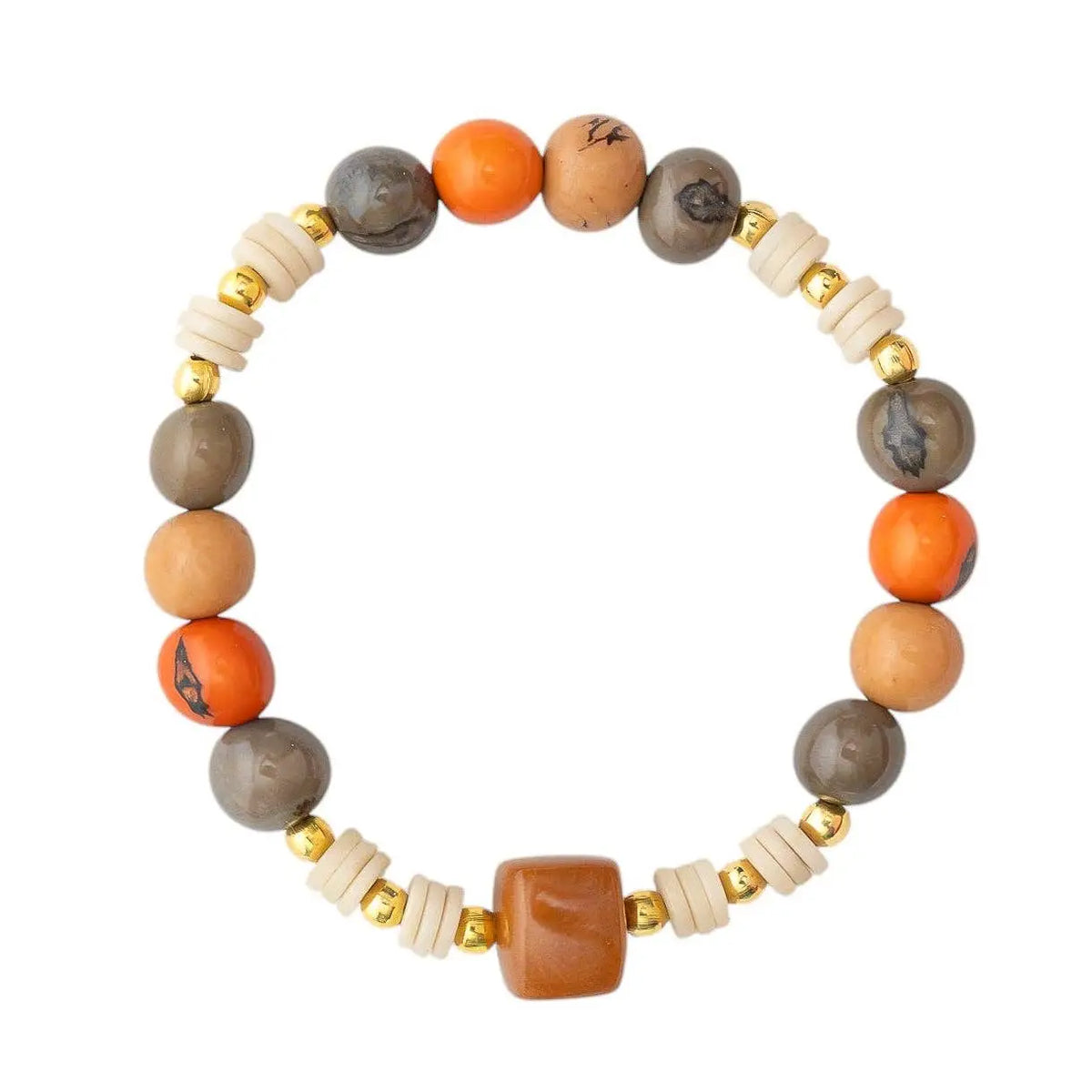 Handcrafted mika bracelet with orange and gray stones, cream tagua nut beads, and gold metallic spacers