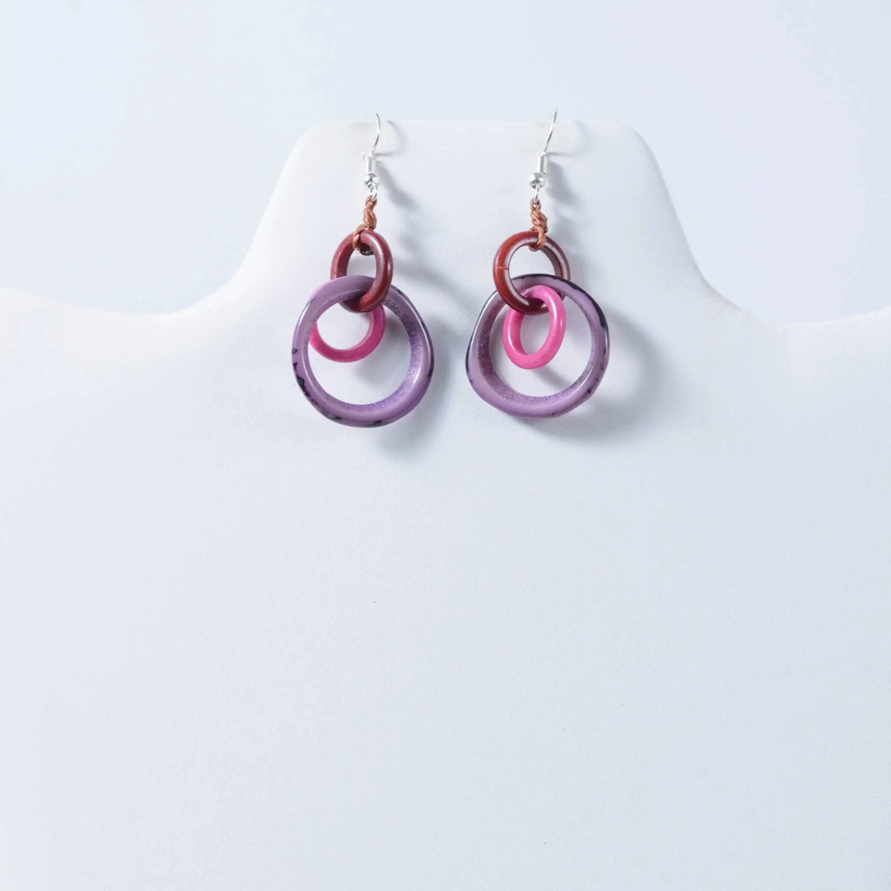 Purple and pink glass mona drop and dangle circle statement tagua earrings with copper wire accent