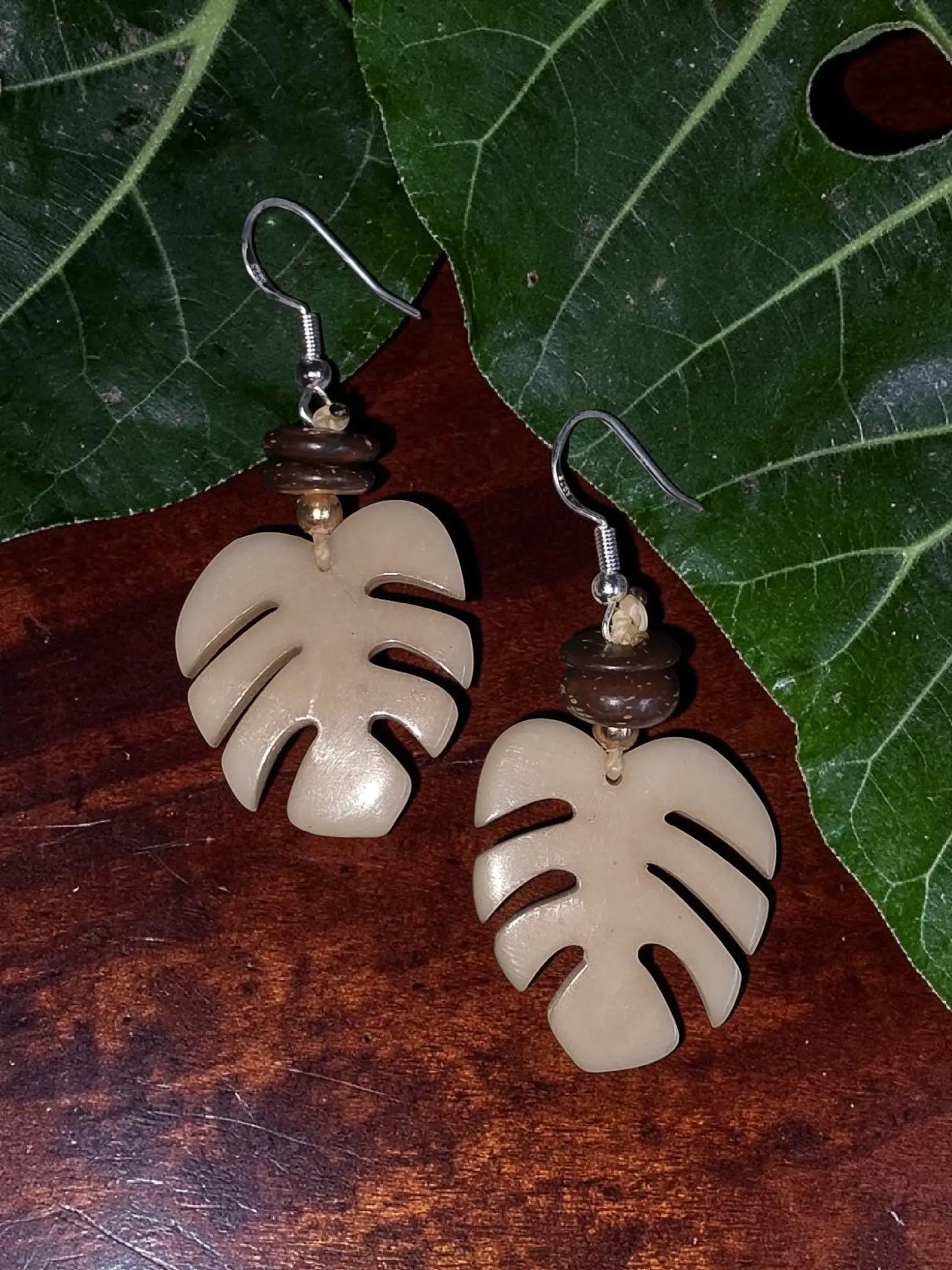 Handcrafted Monstera Leaf Dangle Tagua Nut Earrings
