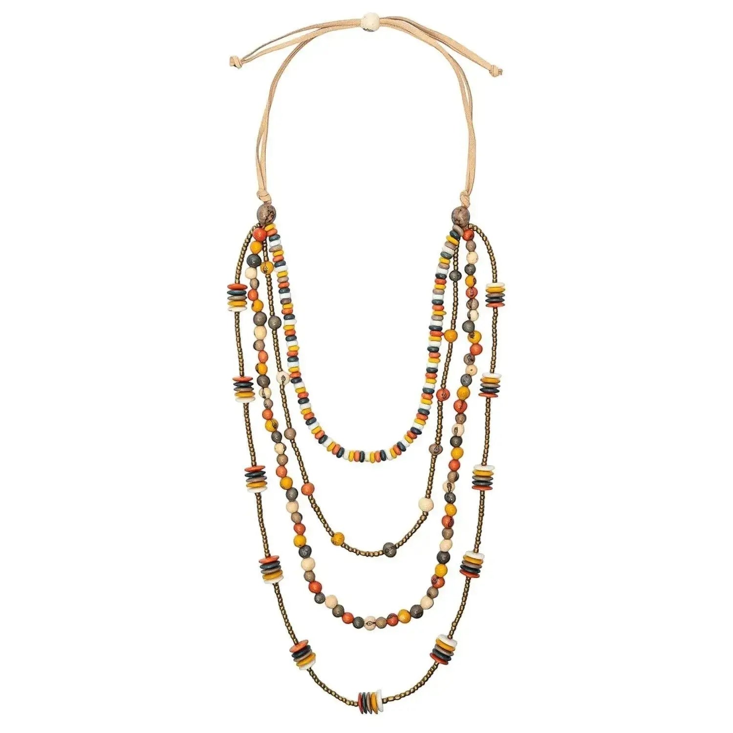 Sun & Wing Studio multi-strand layered statement necklace with mustard, orange, and grey beads on an adjustable cord.
